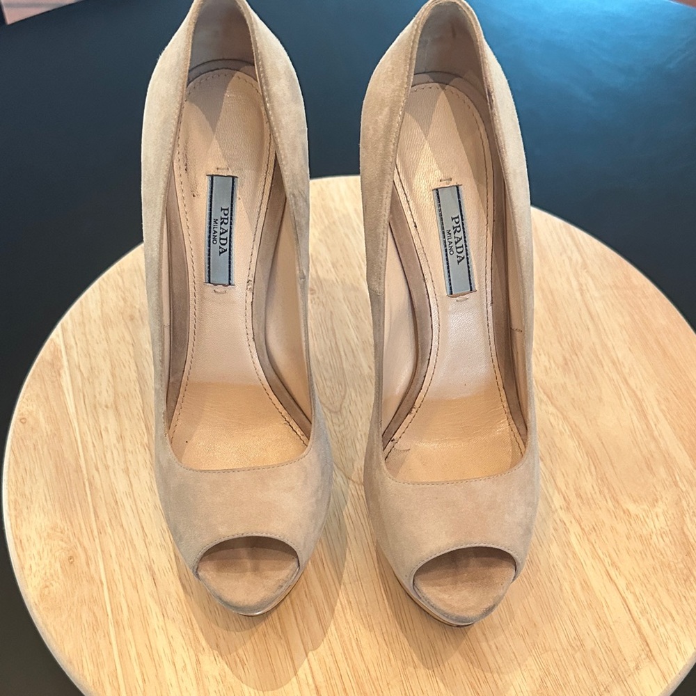 Prada Women's Suede Beige Peep-Toe with Silver Heels